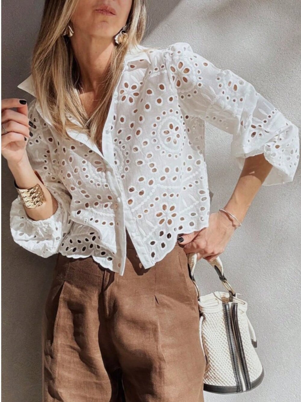 White Boho Women's Single-Breasted Embroidered Hollow Casual Vacation Shirt - Picture 6 of 8